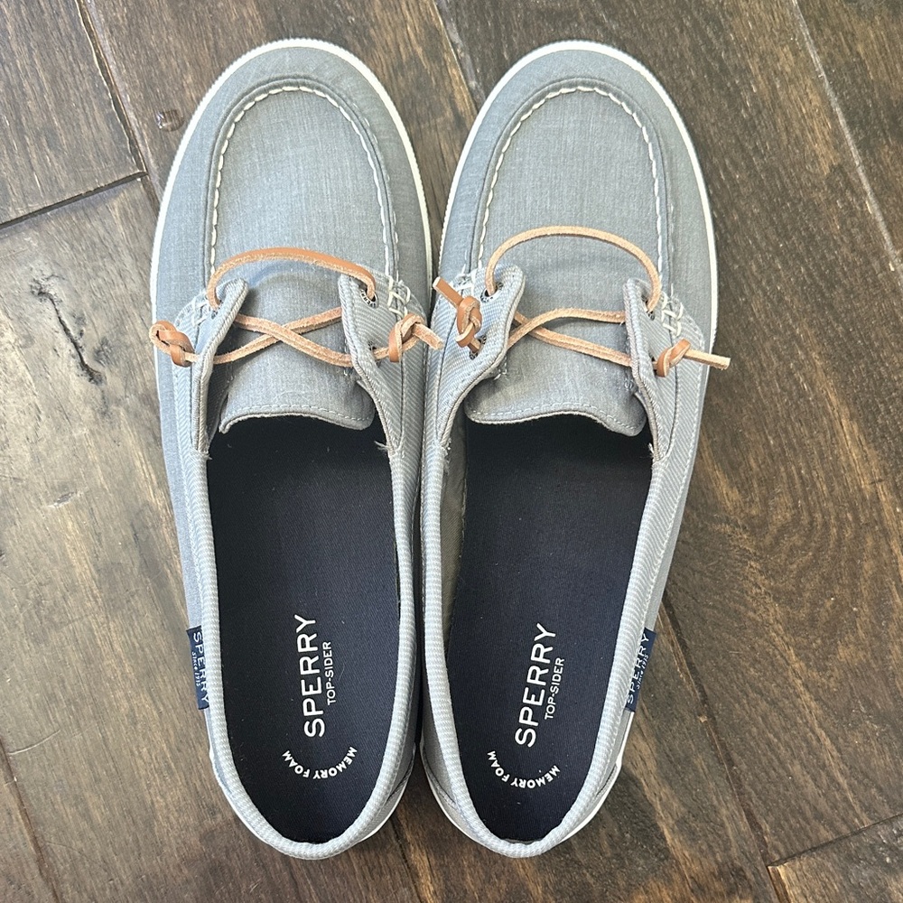 Sperry Gray Canvas Boat Shoes with Tan Laces